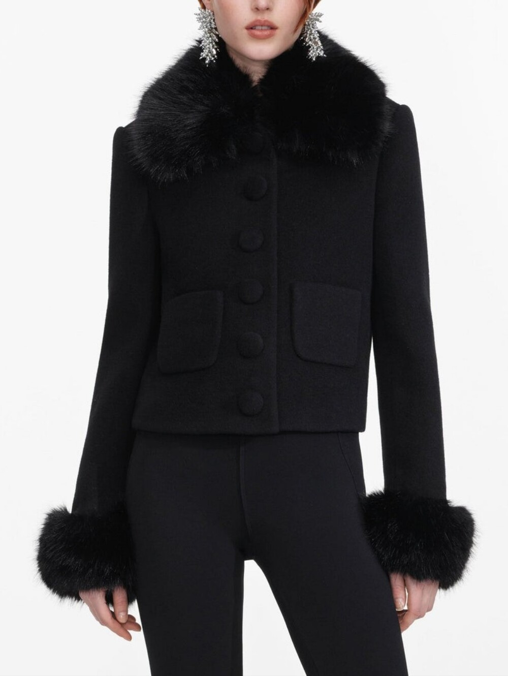 Self Portrait Black Wool Fur Cuff Jacket